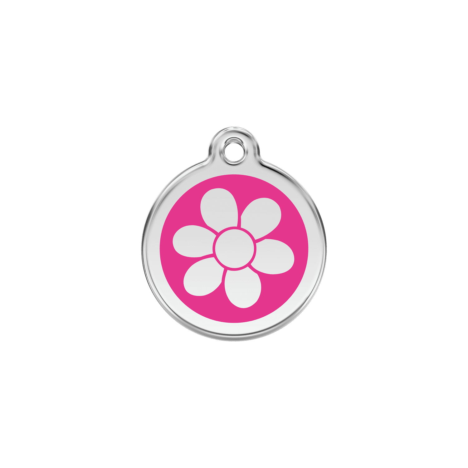 Vue avant - Médaille personnalisée pour chat en émail et acier inoxydable - Red Dingo - Fleur rose vif - Größe S