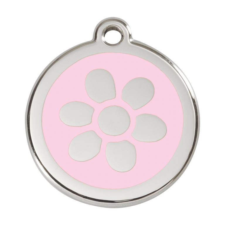 Vue avant - Médaille personnalisée pour chien Red Dingo Émail et acier inoxydable Fleur Rose L 38.00 24.7 G