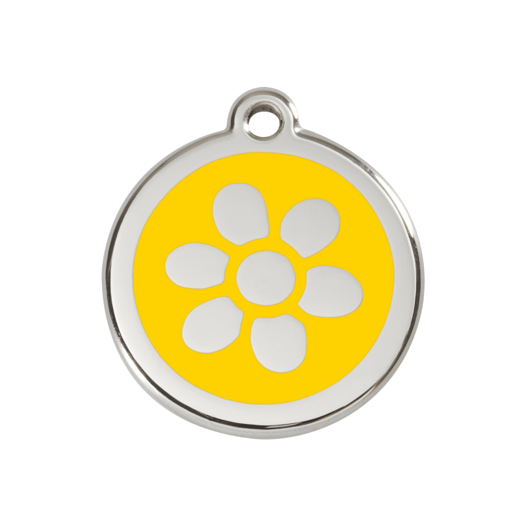 Vue avant - Médaille personnalisée pour chien ou chat - Red Dingo Émail et acier inoxydable - Fleur Jaune - Größe M