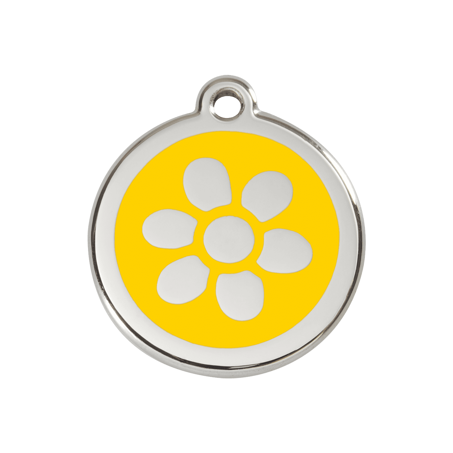 Vue avant - Médaille personnalisée pour chien ou chat - Red Dingo Émail et acier inoxydable - Fleur Jaune - Größe M