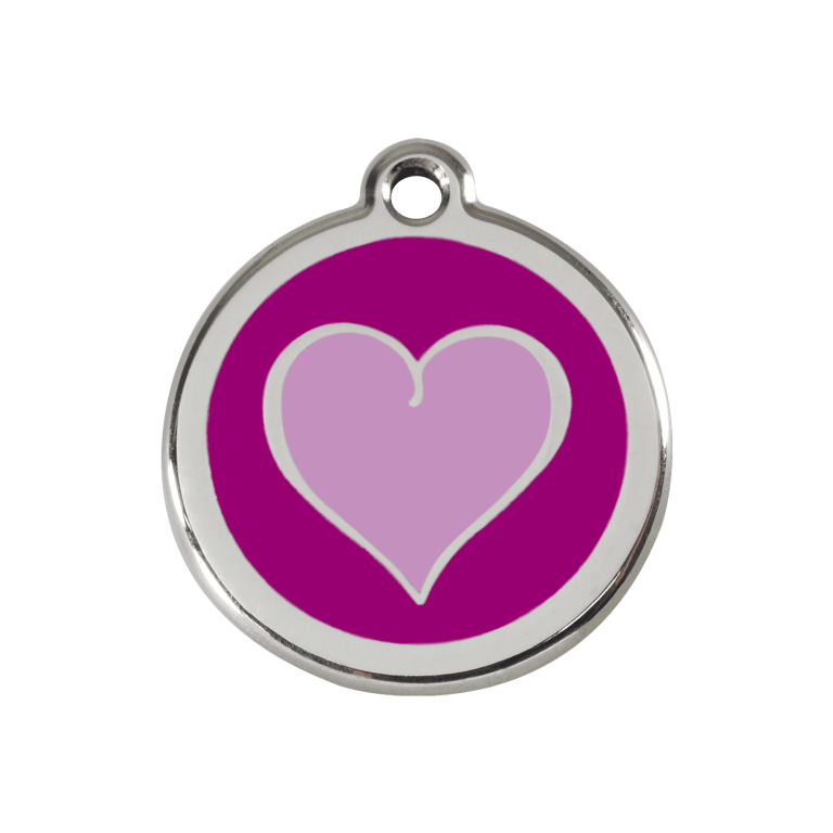 Vue avant - Médaille personnalisée pour chien Red Dingo Émail et acier inoxydable Coeur violet - Größe M