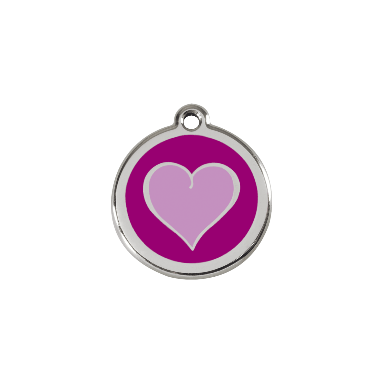 Vue avant - Médaille personnalisée pour chien/chat Red Dingo Émail et acier inoxydable - Coeur violet - Größe S