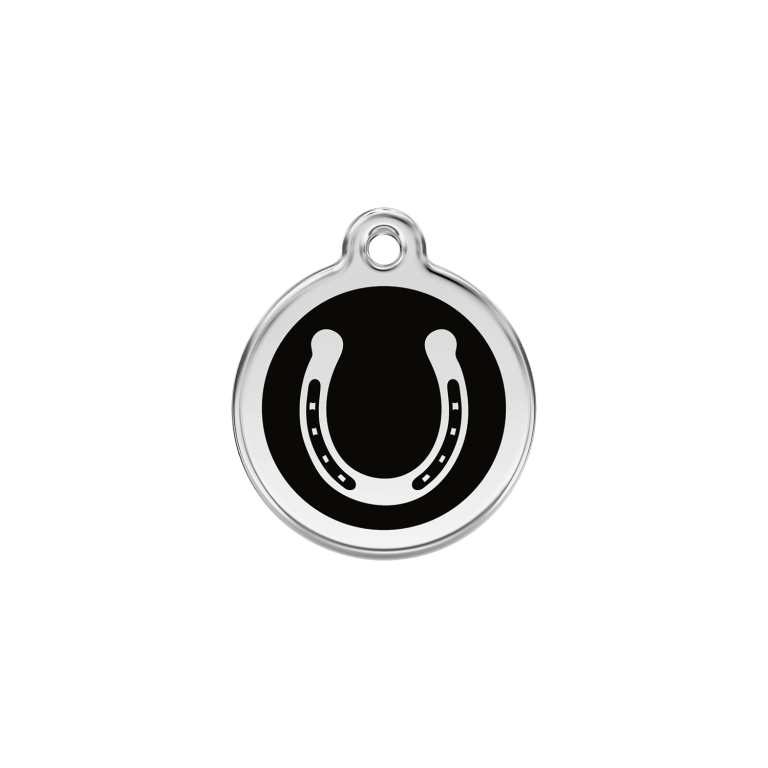 Vue avant - Médaille personnalisée pour chien/chat Red Dingo Émail et acier inoxydable Fer à cheval Noir S 20.00 7G