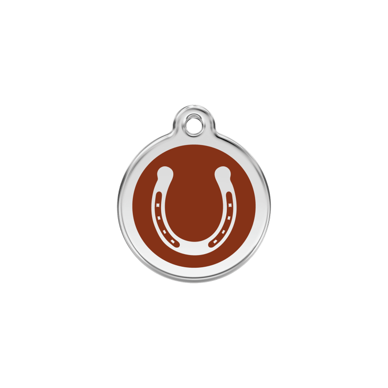 Vue avant - Médaille personnalisable pour chien/chat Red Dingo Émail et acier inoxydable Fer à cheval Brun S 20.00 7G
