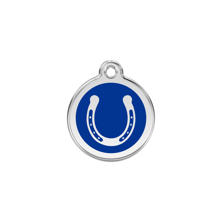 Vue avant - Médaille personnalisée pour chien/chat Red Dingo Émail/Acier inoxydable - Fer à cheval - Bleu foncé - Größe S - 01-HS-DB-SM