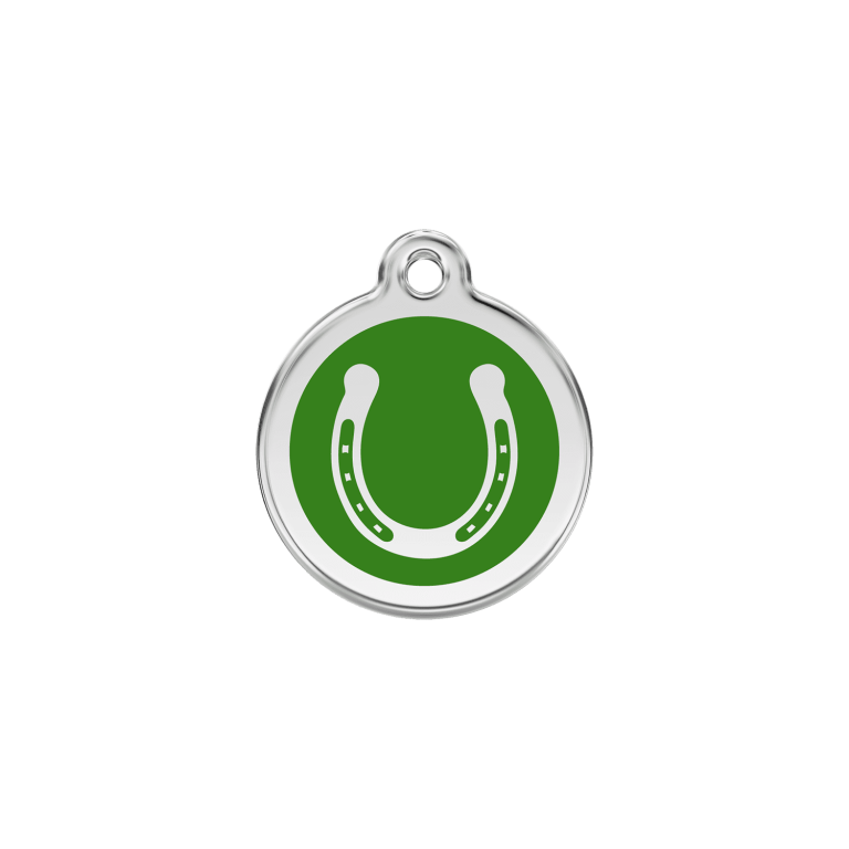 Vue avant - Médaille personnalisée pour chien/chat Red Dingo Émail et acier inoxydable Fer à cheval Vert S 20.00 7G