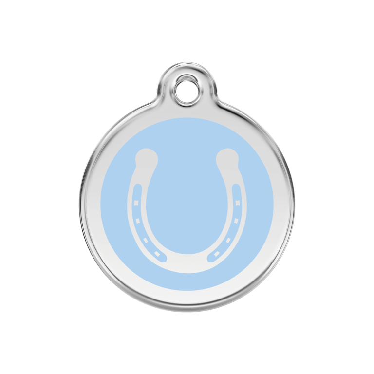 Vue avant - Médaille personnalisée pour chien Red Dingo Émail et acier inoxydable - Fer à cheval bleu clair - Größe M 30.00mm