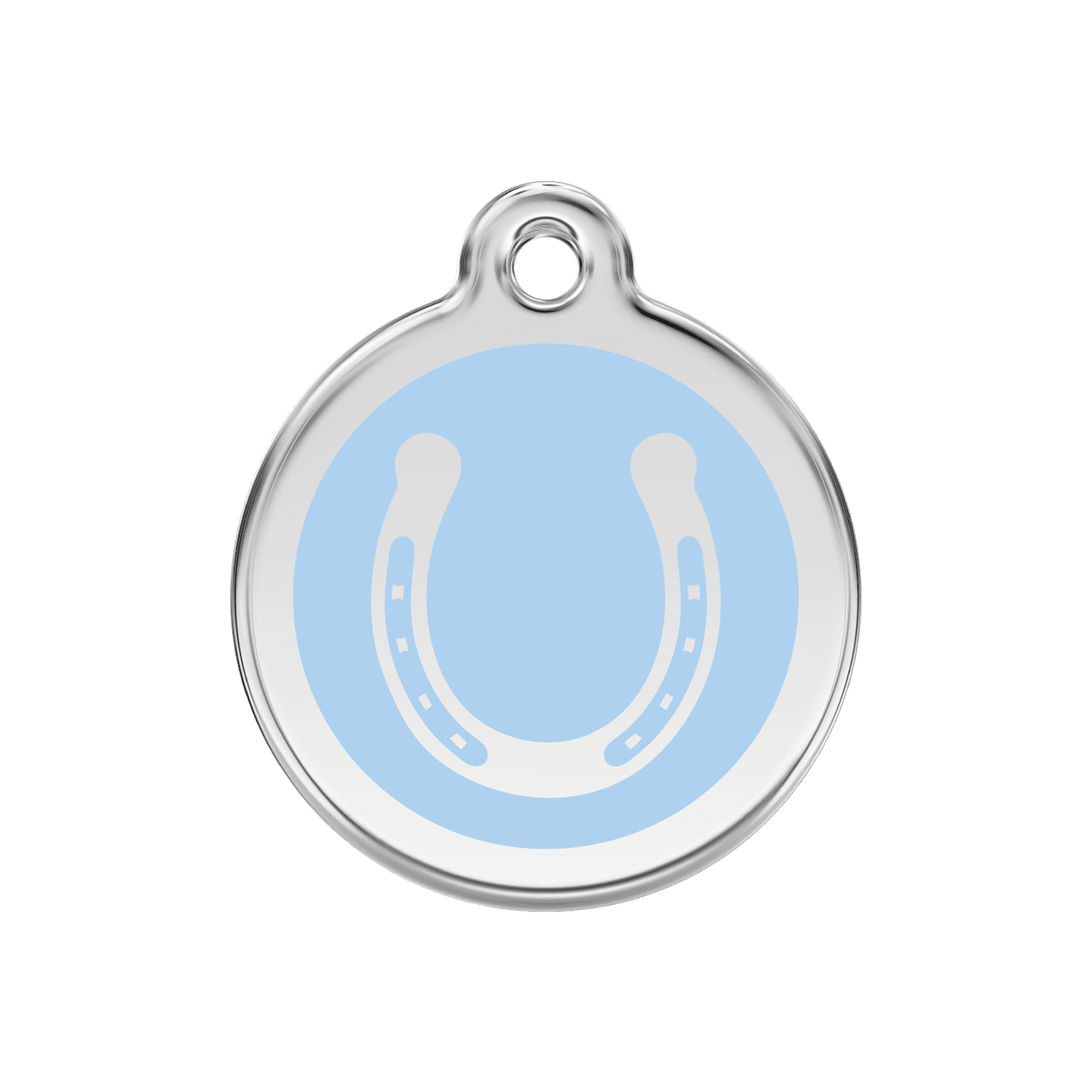 Vue avant - Médaille personnalisée pour chien Red Dingo Émail et acier inoxydable - Fer à cheval bleu clair - Größe M 30.00mm