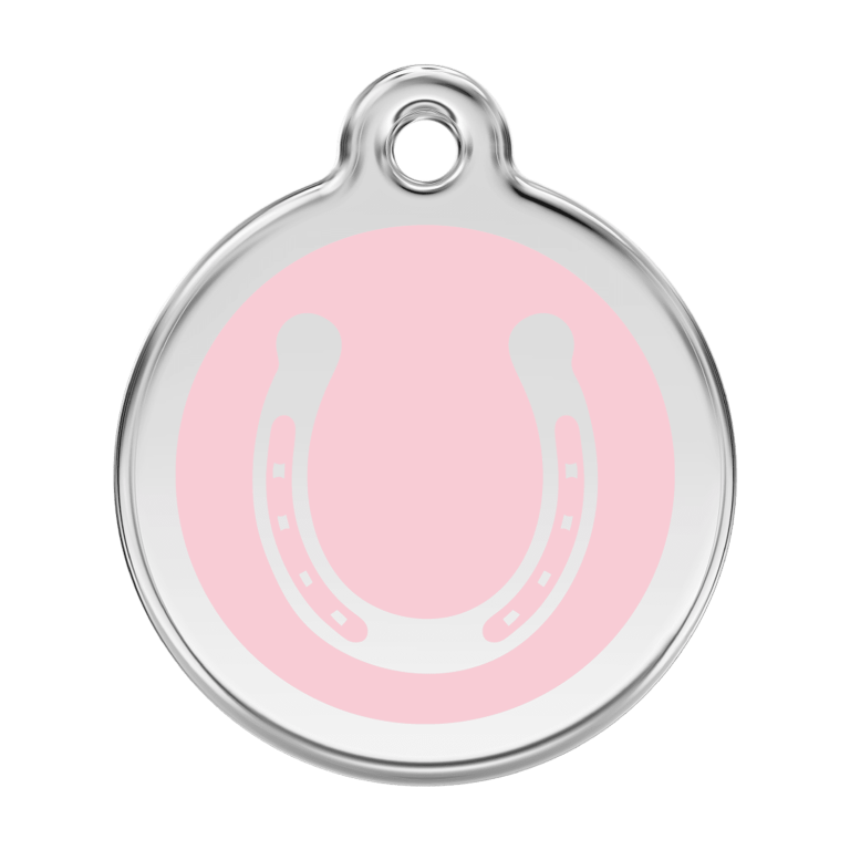 Vue avant - Médaille personnalisée pour chien en émail et acier inoxydable - Red Dingo - Motif fer à cheval - Rose - Größe L
