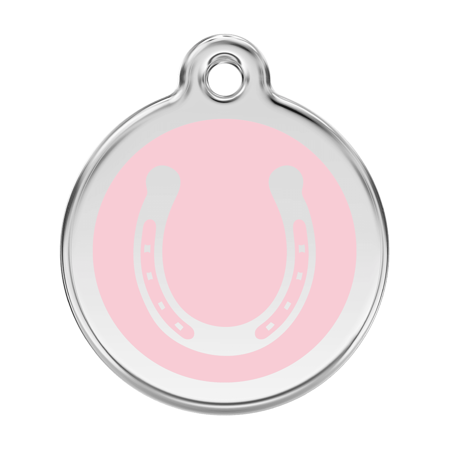Vue avant - Médaille personnalisée pour chien en émail et acier inoxydable - Red Dingo - Motif fer à cheval - Rose - Größe L