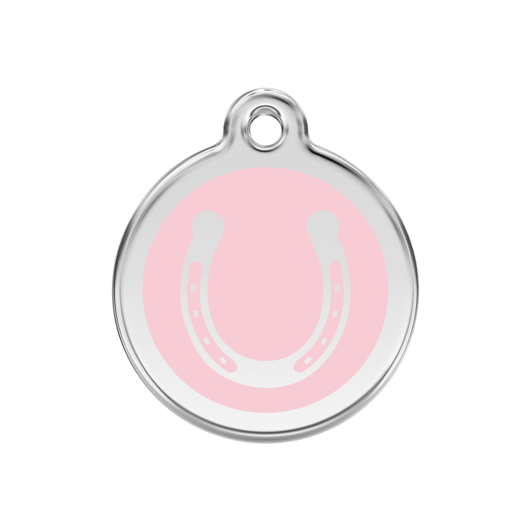 Vue avant - Médaille personnalisée pour chien Red Dingo Émail et acier inoxydable Fer à cheval Rose M