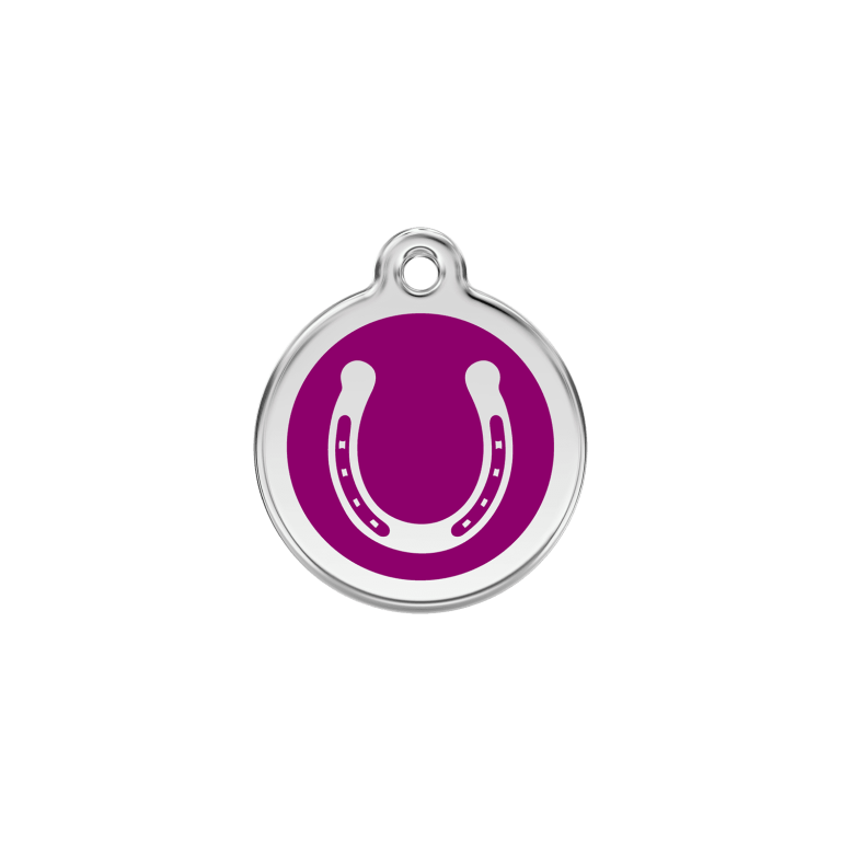 Vue avant - Médaille personnalisable pour chien/chat Red Dingo Émail/Acier inoxydable Fer à cheval Violet S 20.00 7G
