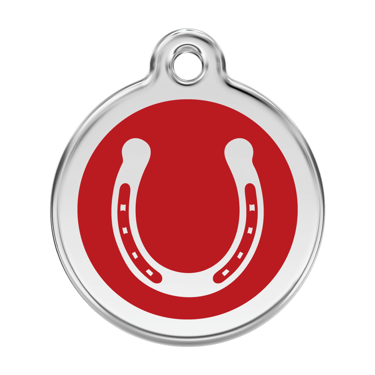 Vue avant - Médaille personnalisée pour chien Red Dingo Émail et acier inoxydable Fer à cheval Rouge 38.00mm - Marque Red Dingo
