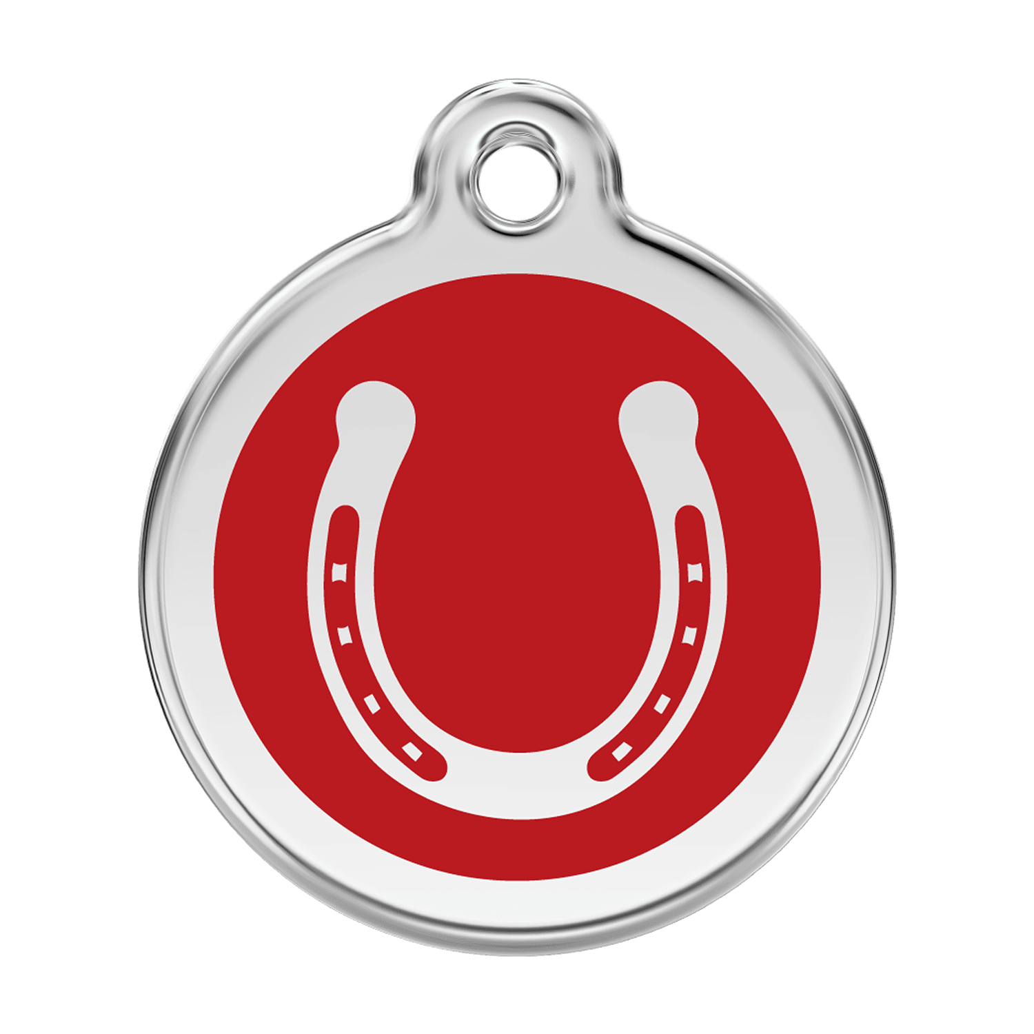 Vue avant - Médaille personnalisée pour chien Red Dingo Émail et acier inoxydable Fer à cheval Rouge 38.00mm - Marque Red Dingo
