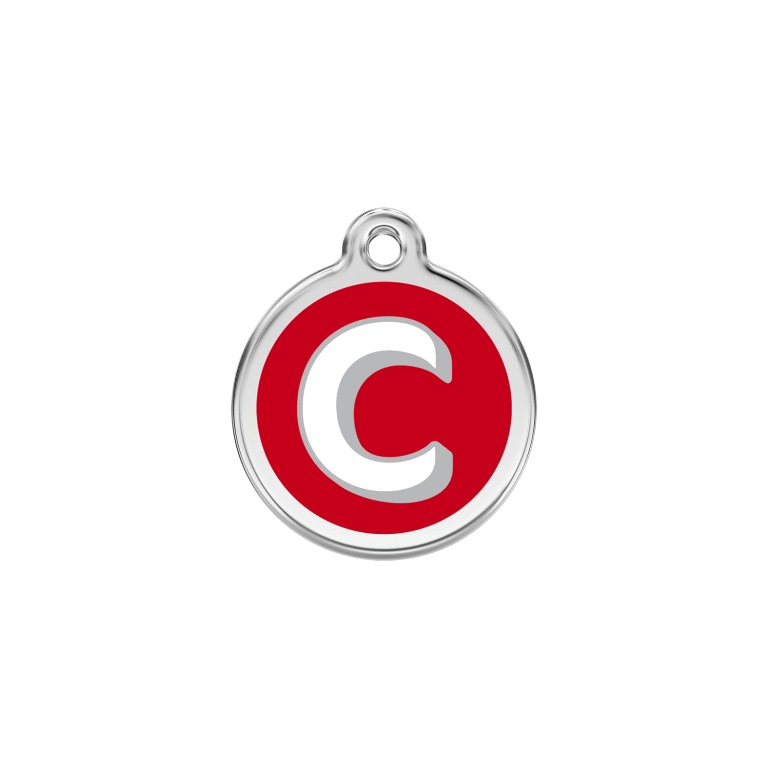 Vue avant - Médaille personnalisable pour chien ou chat Red Dingo Émail et acier inoxydable - Lettre C - Rouge - Größe S