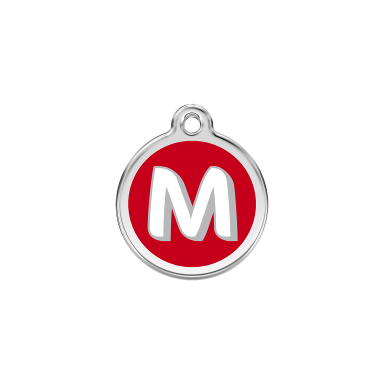 Vue avant - Médaille personnalisée pour chien/chat Red Dingo Émail et acier inoxydable - Lettre M rouge - Größe S 20.00mm