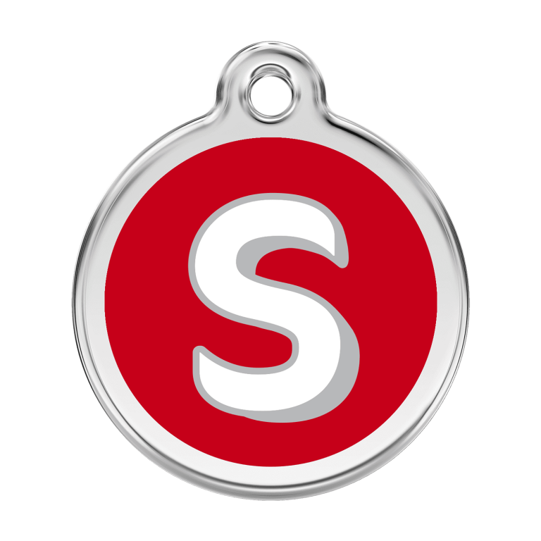 Vue avant - Médaille personnalisée pour chien ou chat Red Dingo Émail et acier inoxydable Lettre S Rouge L 38.00mm 24.7G