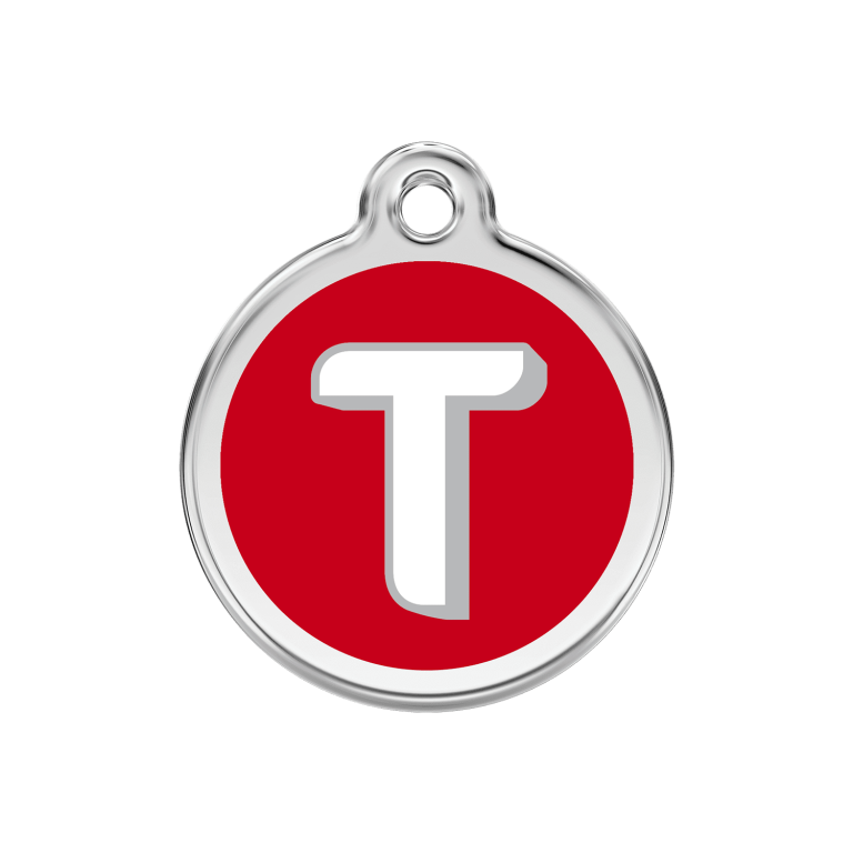 Vue avant - Médaille personnalisée Red Dingo Lettre T Rouge Größe M - Pour chien ou chat