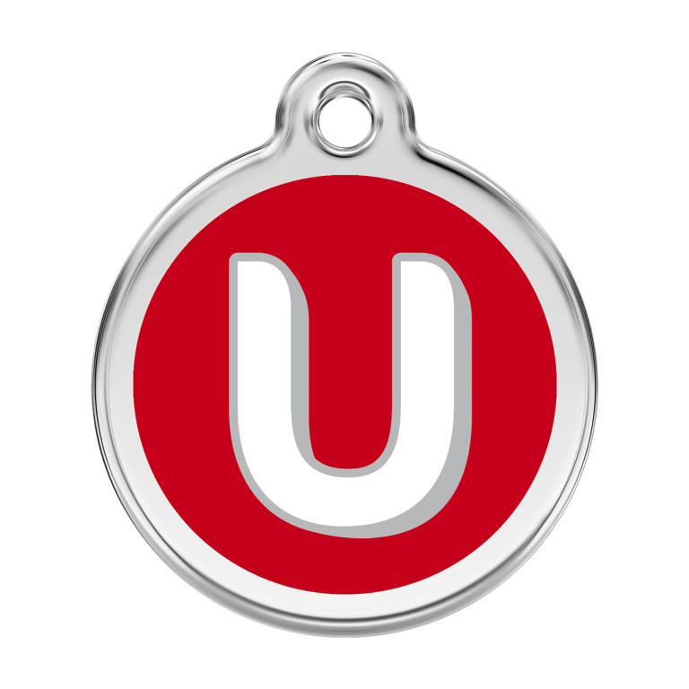 Vue avant - Médaille personnalisée pour chien Red Dingo Émail et acier inoxydable - Lettre U - Rouge - Größe L