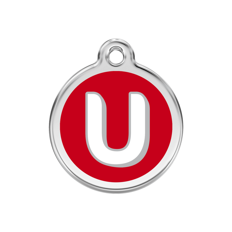 Vue avant - Médaille personnalisée pour chien Red Dingo Émail et acier inoxydable - Lettre U - Rouge - Größe M