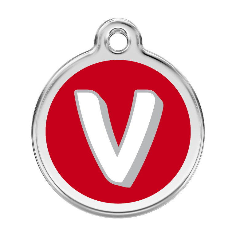 Vue avant - Médaille personnalisée pour chien Red Dingo Émail et acier inoxydable - Lettre V - Rouge - Größe L