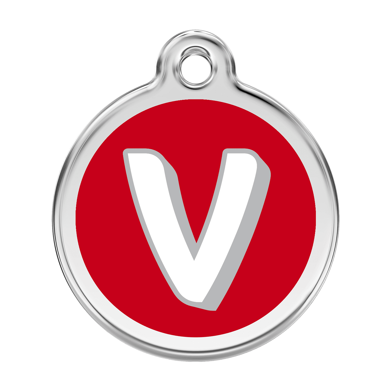 Vue avant - Médaille personnalisée pour chien Red Dingo Émail et acier inoxydable - Lettre V - Rouge - Größe L