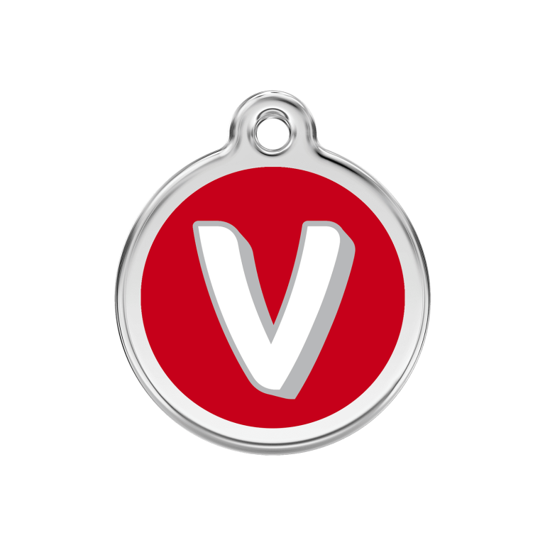Vue avant - Médaille personnalisée pour chien Red Dingo Émail et acier inoxydable - Lettre V - Rouge - Größe M