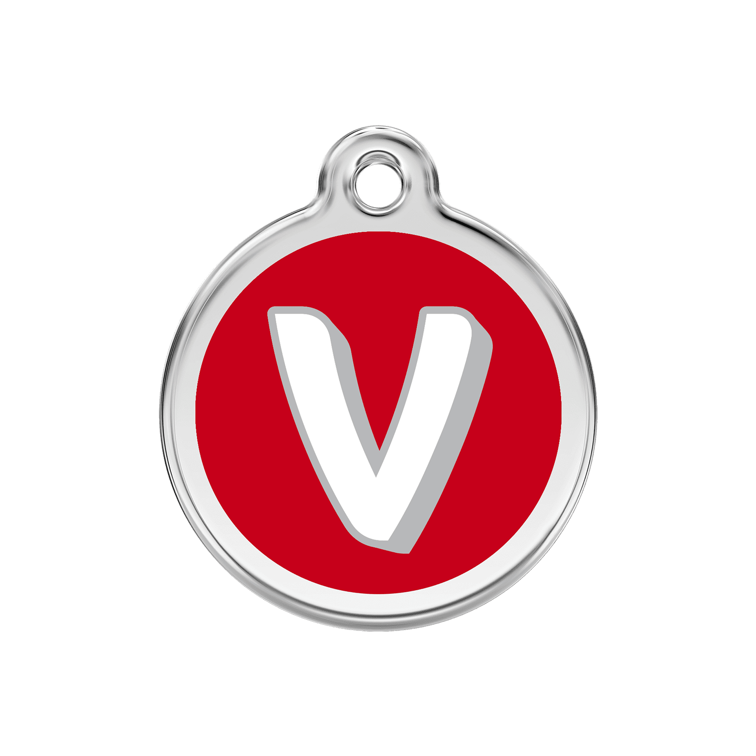 Vue avant - Médaille personnalisée pour chien Red Dingo Émail et acier inoxydable - Lettre V - Rouge - Größe M