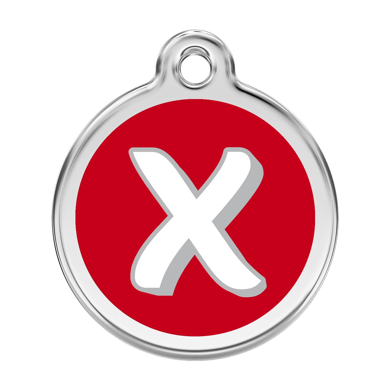 Vue avant - Médaille personnalisée pour chien Red Dingo Émail et acier inoxydable - Lettre X - Rouge - Größe L