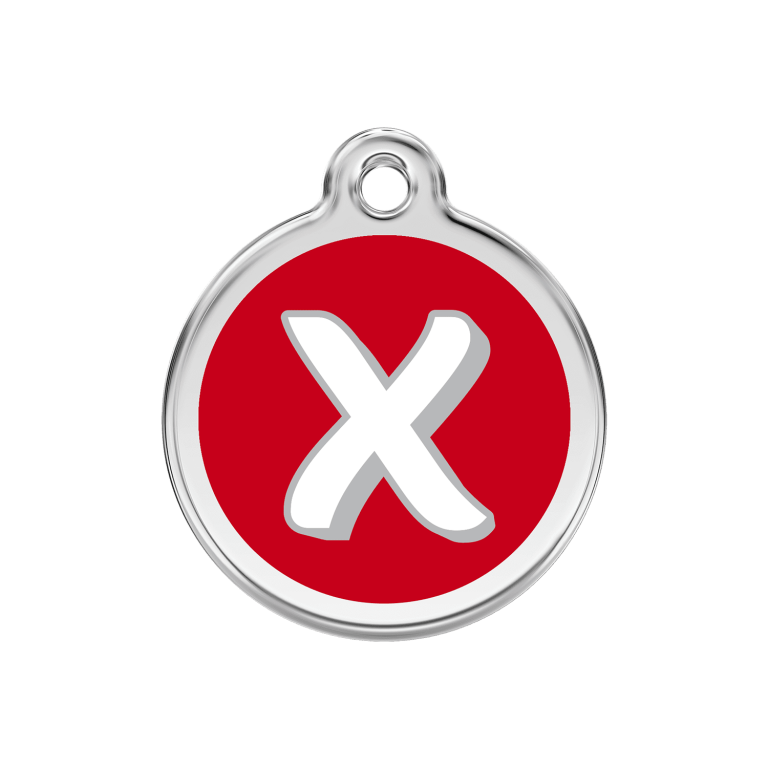 Vue avant - Médaille personnalisée pour chien Red Dingo Émail et acier inoxydable - Lettre X - Rouge - Größe M