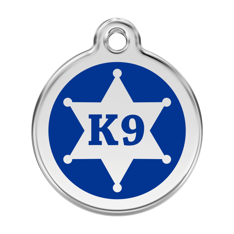 Vue avant - Médaille personnalisée pour chien Red Dingo Émail et acier inoxydable - K9 Sh?rif - Bleu fonc? - Größe L