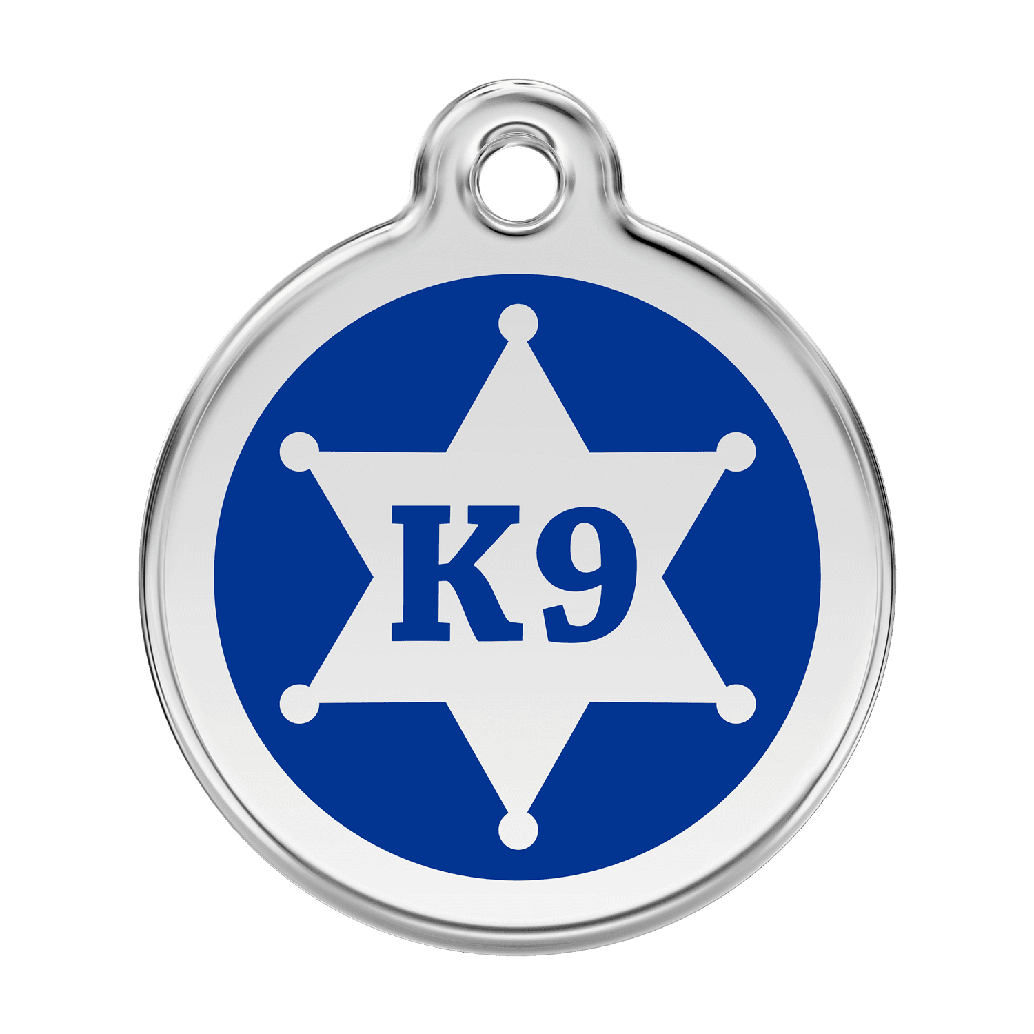 Vue avant - Médaille personnalisée pour chien Red Dingo Émail et acier inoxydable - K9 Sh?rif - Bleu fonc? - Größe L