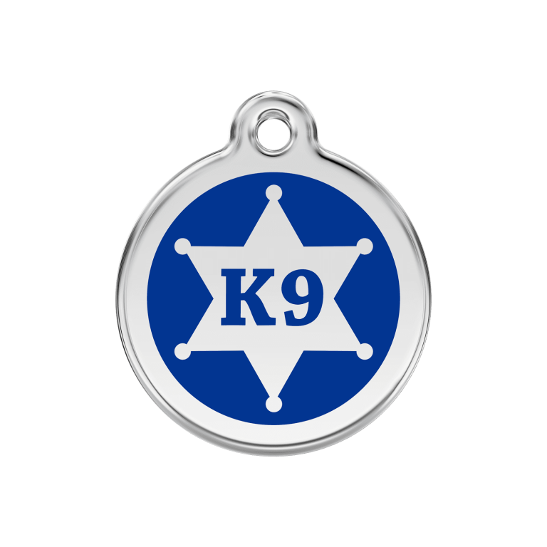 Vue avant - Médaille personnalisée pour chien Red Dingo Émail et acier inoxydable K9 Sh?rif Bleu fonc? - Größe M