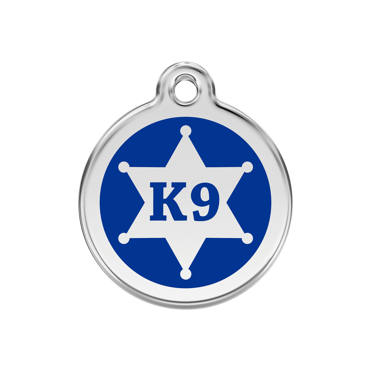 Vue avant - Médaille personnalisée pour chien Red Dingo Émail et acier inoxydable K9 Sh?rif Bleu fonc? - Größe M