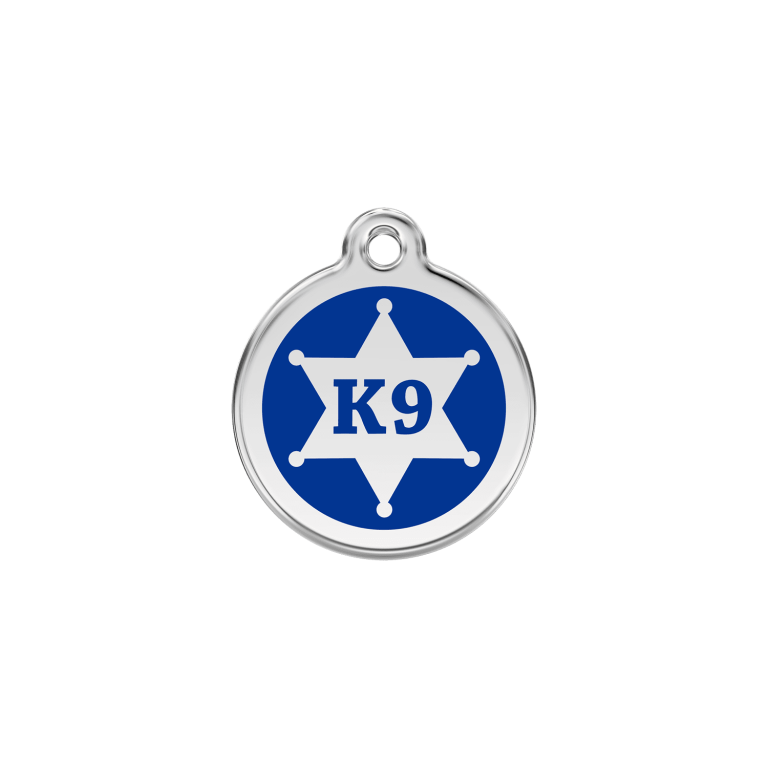 Vue avant - Médaille personnalisée pour chien/chat Red Dingo Émail/Acier inoxydable K9 Sh?rif Bleu fonc? - Größe S - 01-KN-DB-SM
