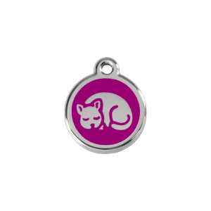 Katzenmarke klein aus violettem Emaille und Edelstahl