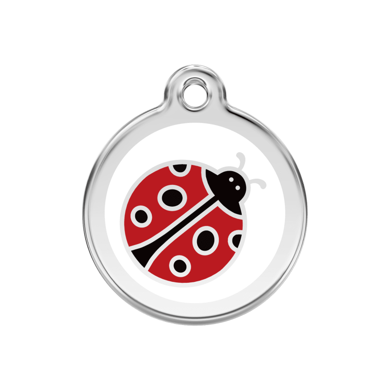 Vue avant - Médaille personnalisée pour chien Red Dingo Émail et acier inoxydable - Motif Coccinelle - Blanc - Größe M