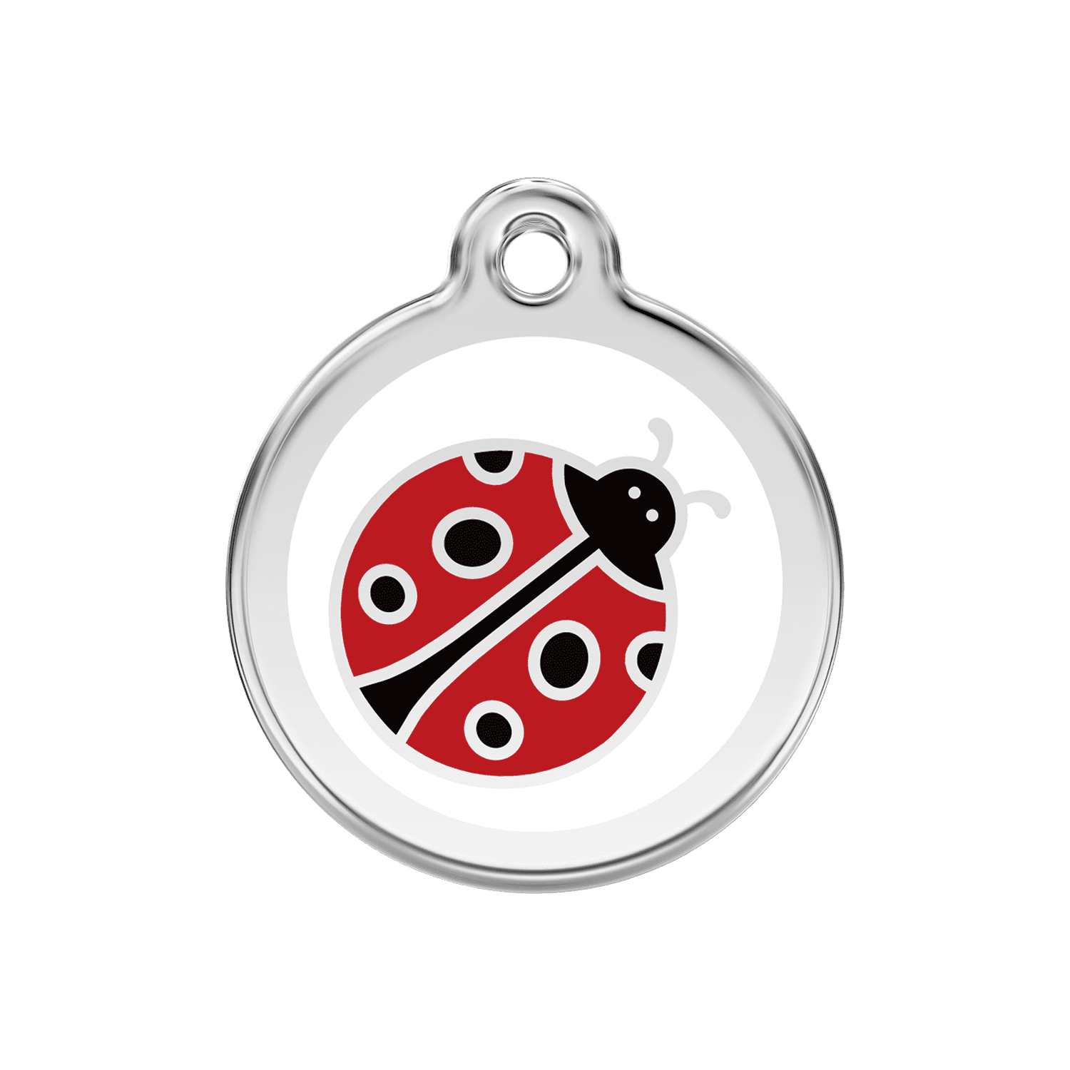 Vue avant - Médaille personnalisée pour chien Red Dingo Émail et acier inoxydable - Motif Coccinelle - Blanc - Größe M