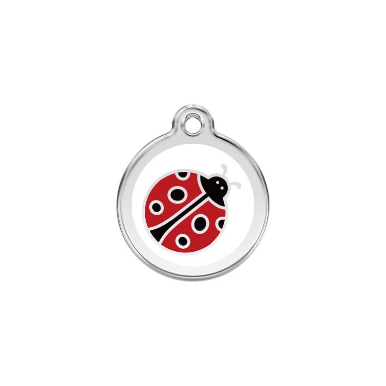 Vue avant - Médaille personnalisée pour chien/chat Red Dingo Émail et acier inoxydable - Coccinelle Blanc - Größe S