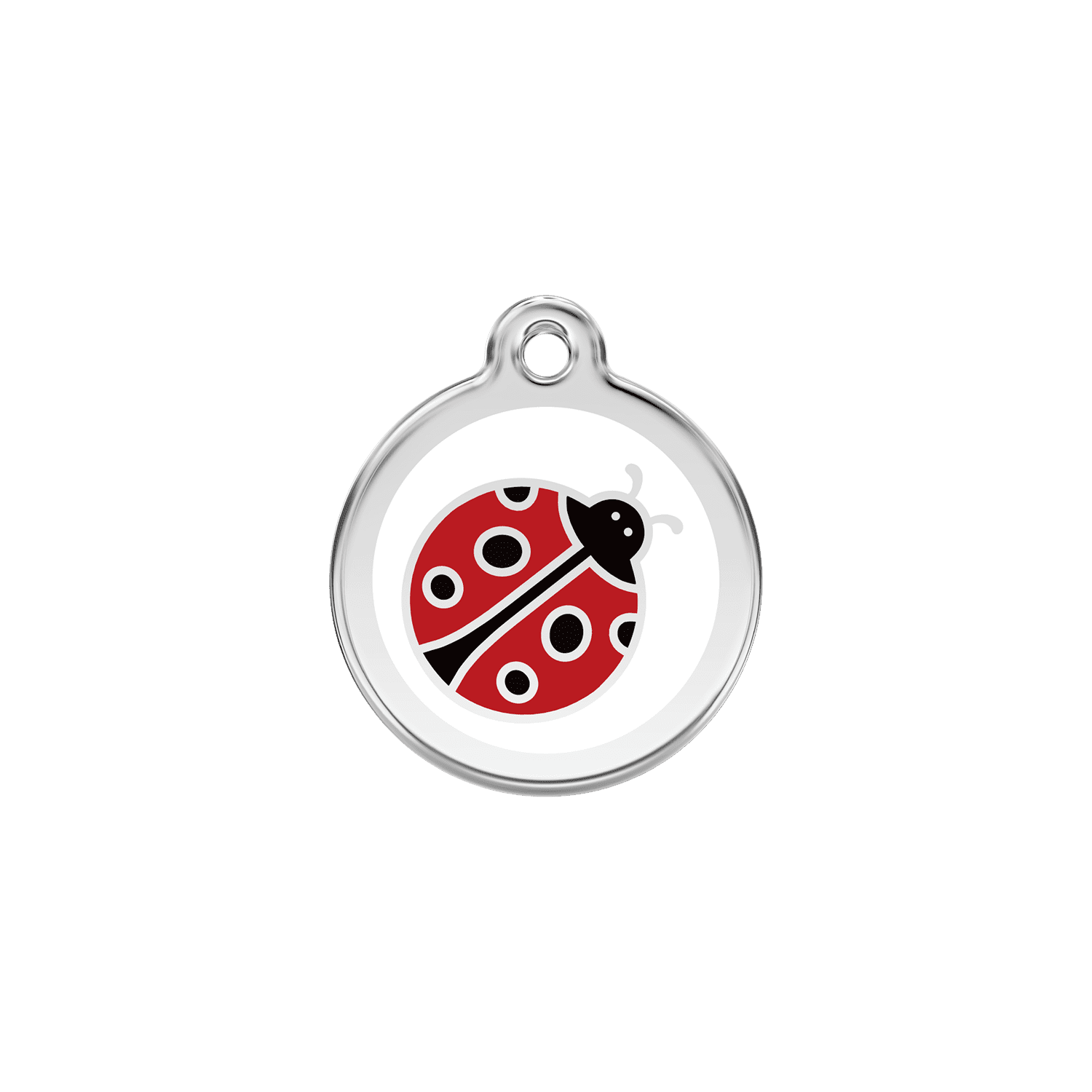 Vue avant - Médaille personnalisée pour chien/chat Red Dingo Émail et acier inoxydable - Coccinelle Blanc - Größe S