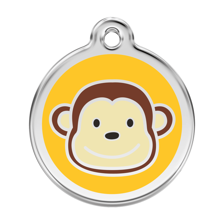 Vue avant - Médaille personnalisée pour chien - Red Dingo Émail et acier inoxydable - Motif singe jaune - Größe L