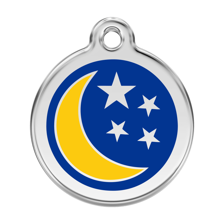 Vue avant - Médaille personnalisée pour chien Red Dingo Émail et acier inoxydable Lune et étoiles Bleu foncé - Größe L