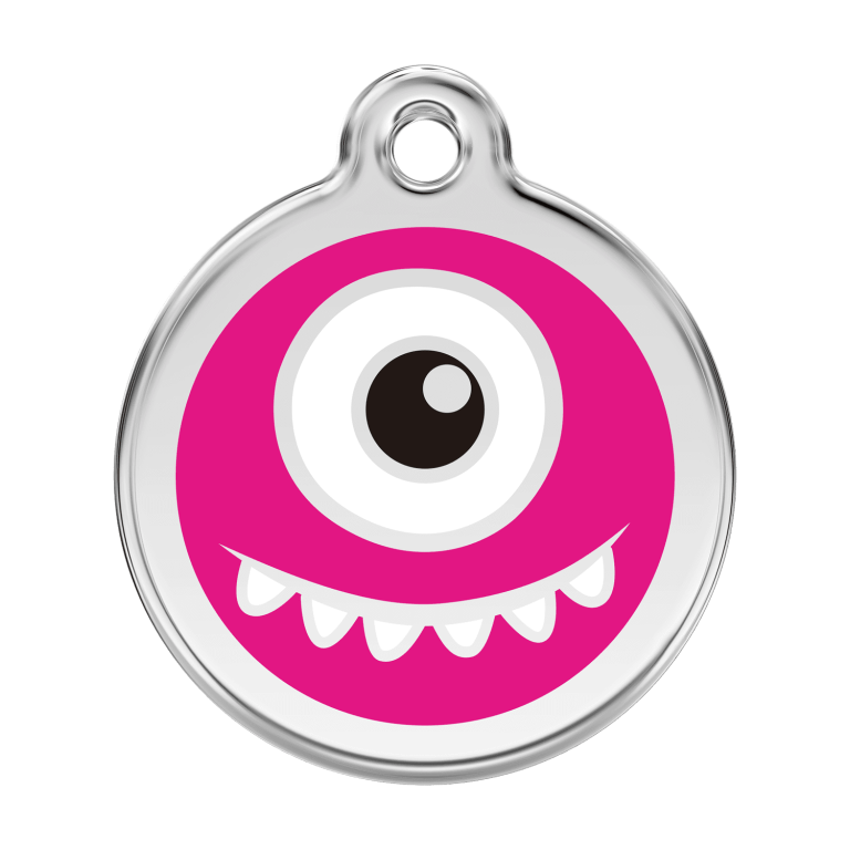 Vue avant - Médaille personnalisée pour chien Red Dingo Émail et acier inoxydable motif Monstre - Rose vif - Größe L