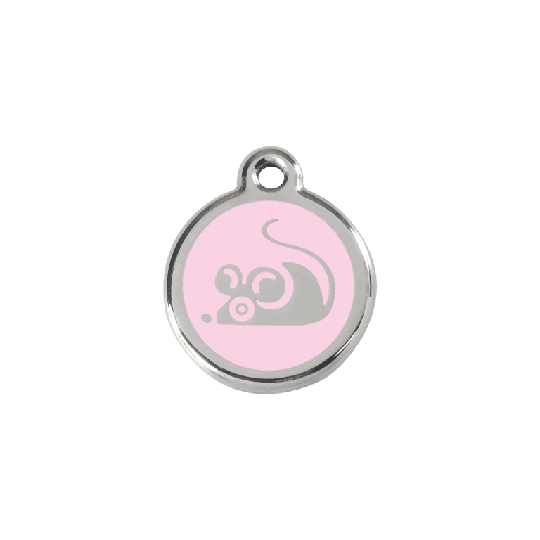 Vue avant - Médaille personnalisée en émail et acier inoxydable pour chat - Red Dingo - Motif souris rose - Größe S