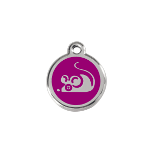 Katzenmarke klein mit violettem Emaille und Maus-Motiv