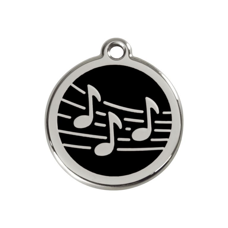 Vue avant - Médaille personnalisée pour chien ou chat Red Dingo Émail et acier inoxydable - Motif Musique - Noir - Größe M