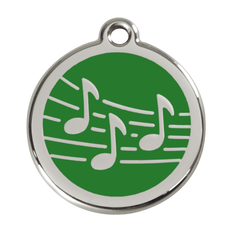 Vue avant - Médaille personnalisée pour chien - Red Dingo Émail et acier inoxydable - Motif Musique - Vert - Größe L