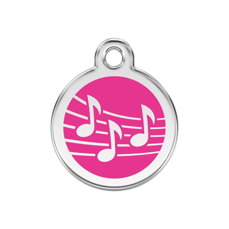 Vue avant - Médaille personnalisée pour chien/chat Red Dingo Émail/Acier inoxydable Musique Rose vif 30mm - 01-MU-HP-ME