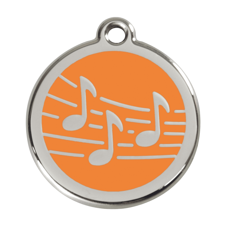 Vue avant - Médaille personnalisable pour chien Red Dingo Émail et acier inoxydable - Motif Musique - Orange - Größe L