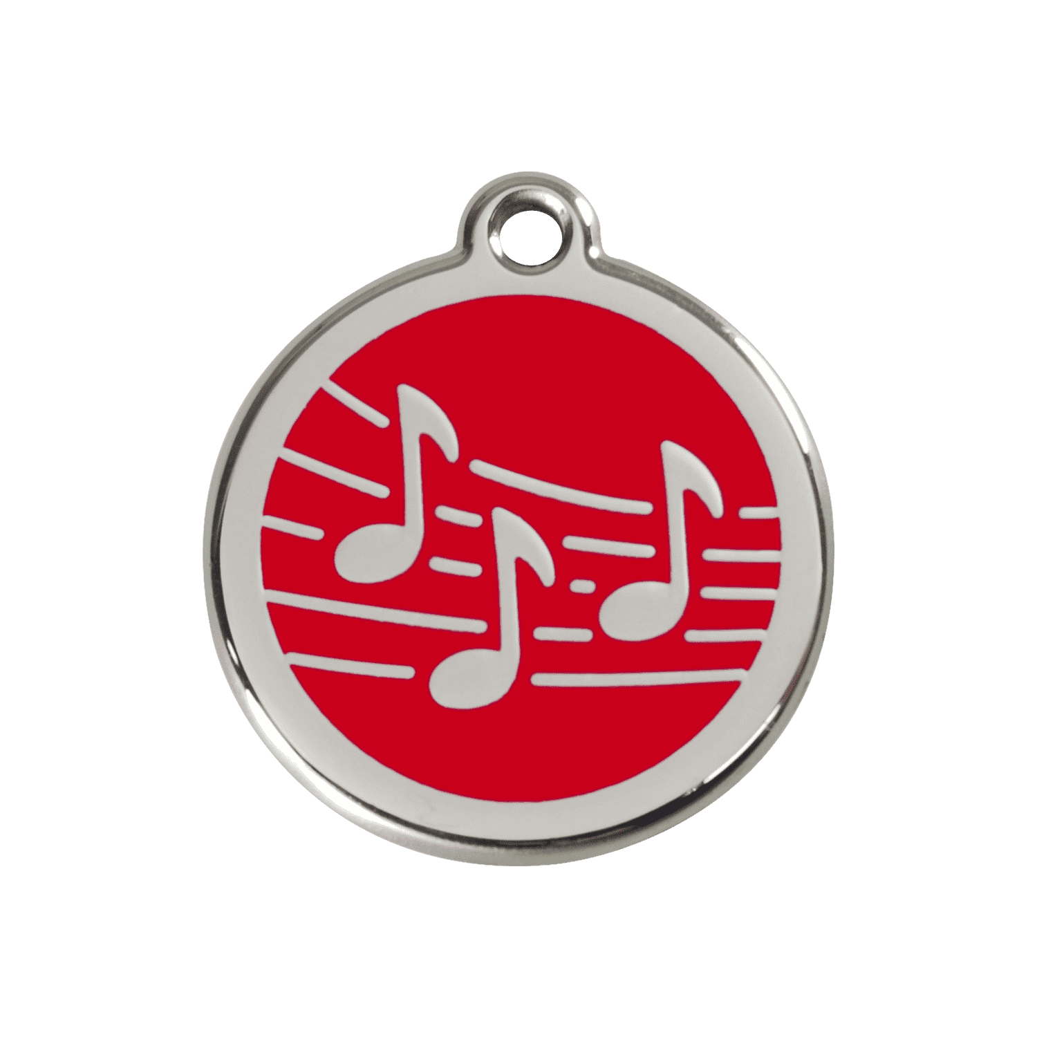 Vue avant - Médaille personnalisée pour chien Red Dingo Émail et acier inoxydable - Motif Musique - Rouge - Größe M